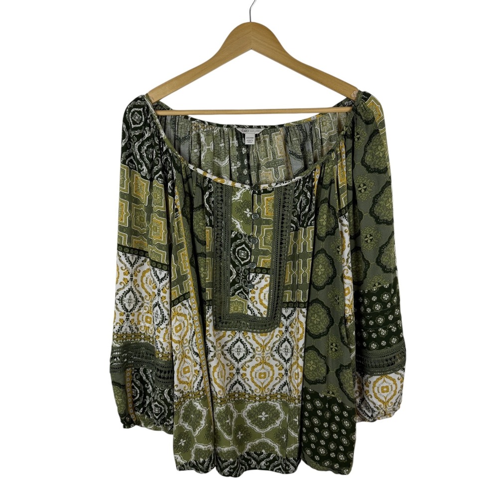 Cato Green Patchwork Blouse Size 22/24W Boho Crochet Lace Lightweight Comfy